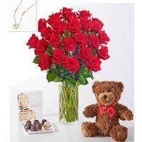 Red Roses Gift Sets - 24 Roses with Vase Chocolate, Bear and Necklace - FedEx