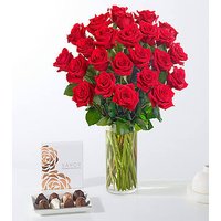 Red Roses Gift Sets - 24 Roses with Vase and Chocolate - FedEx