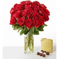 Red Rose Bouquet - 24 Roses with Vase and Chocolate - FedEx