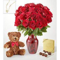 Red Roses Gift Sets - 24 Roses with Red Vase Chocolate, Bear and Necklace - FedEx