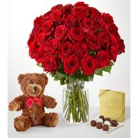 Three Dozen Long Stem Red Roses - 36 Roses with Glass Vase Chocolate, and Bear - FedEx