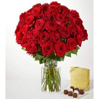 Three Dozen Long Stem Red Roses - 36 Roses with Glass Vase and Chocolate - FedEx