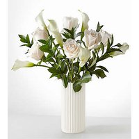 Vision in Ivory Rose and Calla Lily Bouquet - Deluxe with White Fluted Vase - FedEx