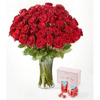 Fifty Long Stem Red Roses - 50 Roses with Vase and Sugarfina Hearts - FedEx