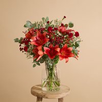 Weihnachtliche Blumen verschicken | Blumenstrauß mit Lilien,Nelken und Johanniskraut-Beeren | Seidenpyjama | Größe: Klassik