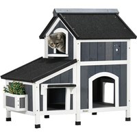 Pawhut Wooden Outdoor Cat House With Flower Pot & Multiple Entrances