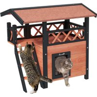 Pawhut Fir Wood Outdoor Cat House With Balcony & Asphalt Roof - Brown