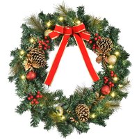 Homcom 60cm Pre-lit Artificial Christmas Door Wreath - 144 Tips, 20 Warm Leds, Pine Cones & Holly