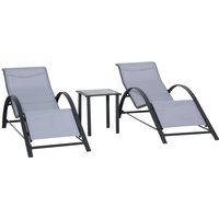 Outsunny 3-piece Metal Mesh Recliner Chair Set With Glass Table - Light Grey