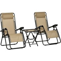 Zero Gravity Garden Chairs Sun Lounger Set With Side Table & Cup Holders, Beige