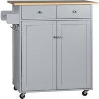 Rolling Kitchen Cart With Rubber Wood Top, Towel Rack, Hooks & Drawers - Grey