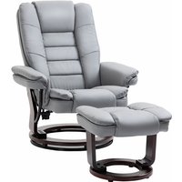 Grey Pu Leather Swivel Recliner Armchair With Matching Footrest - 360° Rotation, Manual Recline, Wood Base