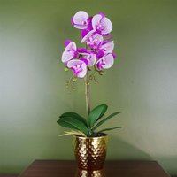Leaf 50cm Artificial Phalaenopsis Orchid - Purple White Blend With Gold Pot