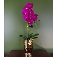 Leaf Artificial Orchid Plant - Dark Pink, 54cm Tall, Gold Pot