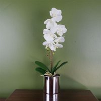 Leaf 46cm Artificial Orchid White With Silver Pot