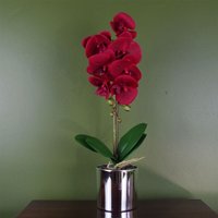 Leaf Artificial Orchid Red With Silver Pot - 46cm Tall