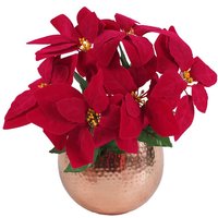 Leaf Artificial Poinsettia 40cm - Red Bloom In Copper Curved Metal Planter