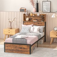 Homcom Steel Single Bed Frame With Storage Headboard & 26.5cm Underbed Clearance - Industrial Retro Design