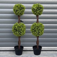 Leaf Double Ball Topiary Trees - 90cm Artificial Outdoor Garden Plants