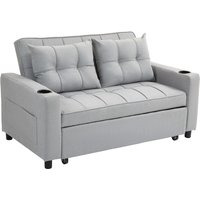 Homcom Linen-look 2 Seater Pull Out Sofa Bed With Side Pockets & Cup Holders - Grey