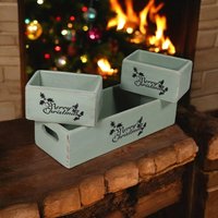 Msl Rustic Green Wooden Boxes Set Of 3 - 34cm, 15cm, 15cm