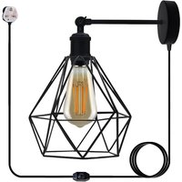 Black Metal Wire Cage Plug-in Wall Lamp With 4m Cable & Dimmer - Industrial Loft Style