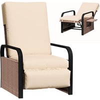 Outsunny Rattan Garden Recliner Chair Sun Lounger With Side Tray - Brown/khaki