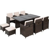 Outsunny 11 Piece Rattan Garden Dining Set - 10 Cube Sofa, 6 Chairs, 4 Footrests, 1 Table - Brown