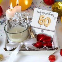 Aye Do Gifts 50th Birthday Gift Hamper - Cubic Zirconia Bracelet (6-8 Inch), Fresh Linen Candle (8cm X 7cm), Caramel Chocolates