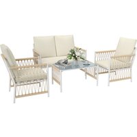 Outsunny 4 Seater Rattan Garden Sofa Set With Glass Top Coffee Table - Khaki