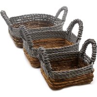Banana Leaf & Abu-abu Raffia Square Baskets - Set Of 3