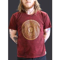 Stone Washed Cotton T-shirt - Large - Relaxed Fit - Maroon Mandala Print