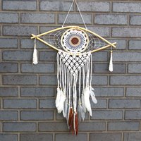 Macrame Evil Eye Dream Catcher - 52x1x09cm Frame, 64cm With Feathers - White/grey/brown