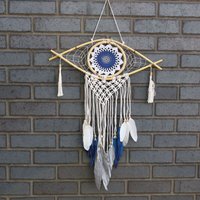 Macrame Evil Eye Dream Catcher - White Blue Grey 52x1x09cm