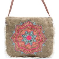 Washed Jute Shoulder Bag - Mandela Embroidery - 24cm X 20cm - 112cm Strap