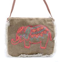 Jute Elephant Embroidered Bag - H:24cm X L:20cm - 112cm Strap