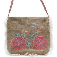 Washed Jute Bag With Bicycle Embroidery & Faux Leather Strap - H:24cm X L:20cm