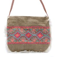 Washed Jute Fringe Bag - Embroidered, Faux Leather Strap 112cm, H:24cm X L:20cm, 120g