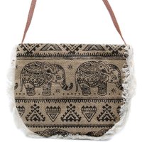 Washed Jute Elephant Print Bag - Pvc Leather-effect Strap 112cm, H: 24cm X L: 20cm