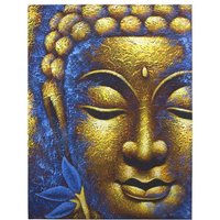 Handmade Buddha Painting With Gold Face & Lotus Flower - 80cm X 60cm X 3cm Natural Wood Frame