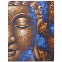 Handmade Buddha Painting, Balinese Artisan Art, 80cm X 60cm, Natural Wood Frame, Copper Face