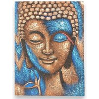 Hand-painted Buddha Wall Art - Bronze & Blue Flowers 75x55 Cm