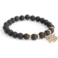 Black Agate Gemstone Bracelet - Protective, Grounding, Good Fortune - Angel Wing Charm