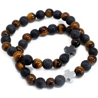 Gemstones Friendship Bracelets Set Of 2 - Tiger Eye & Black Stone - 8mm Beads - Stretch Fit