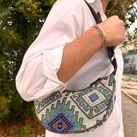 Jacquard Hobo Bag - Geo-geen Pattern With Brown Strap