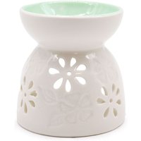 White Ceramic Oil Burner With Floral Design - For Fragrance Oils & Wax Melts