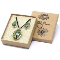 Pressed Flower Jewellery Set Tree Of Life - Green Necklace 3.7cm X 3cm 24g, Earrings 2.5cm X 1.7cm 14g, 70cm Necklace String, 12cm X 10cm X 3cm Gift B