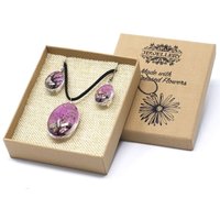 Tree Of Life Pressed Flower Jewellery Set - Genuine Flowers, Glass Pendant 3.7cm, 70cm Chain, Gift Box 12x10x3cm