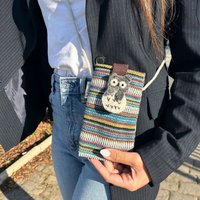 Multi & White Striped Phone Holder Bag With Owl Decoration - Compact & Secure