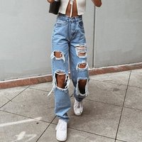 Women's Clothing Ripped Jeans Straight Leg Loose Jeans